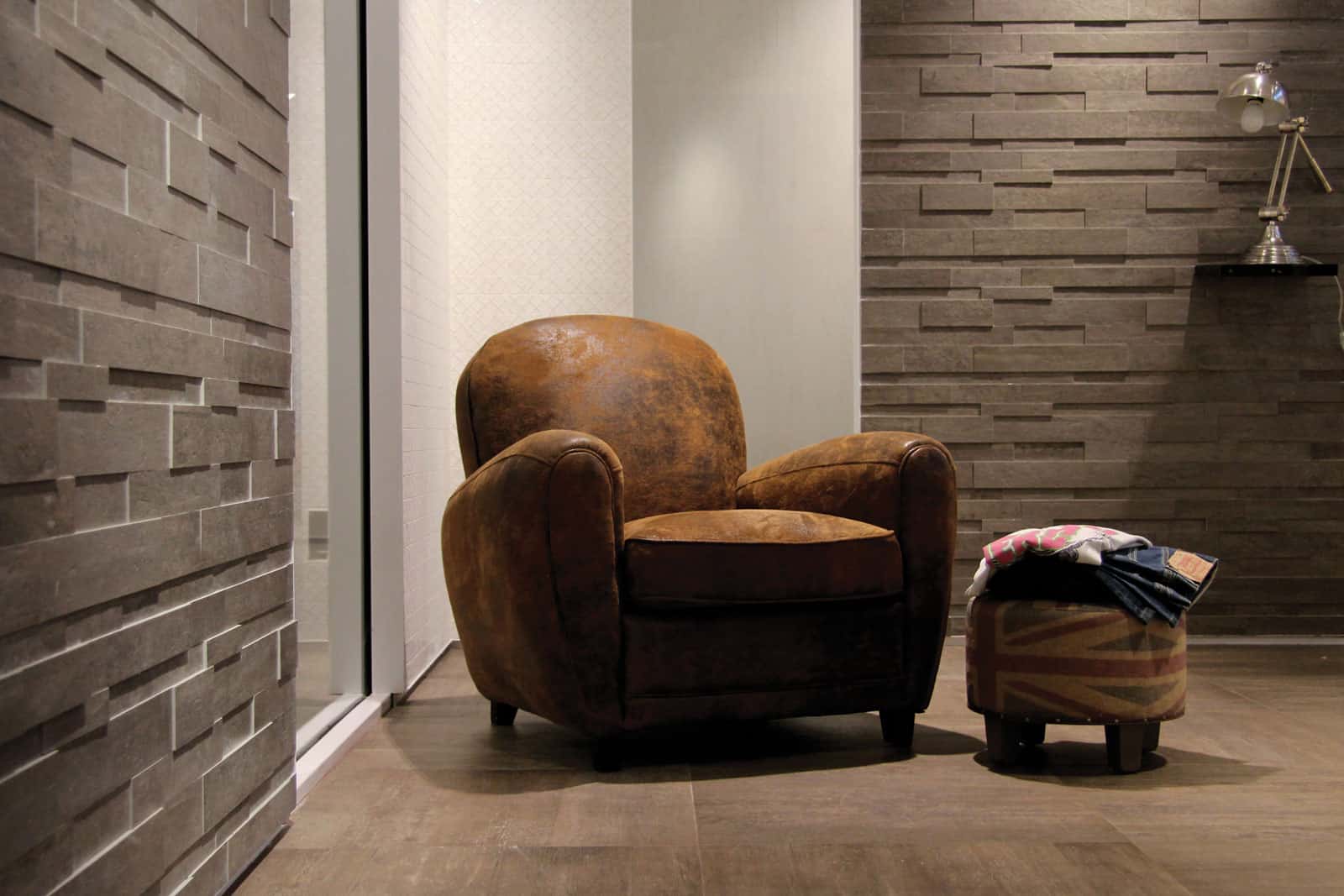 Featured stone accent wall and flooring