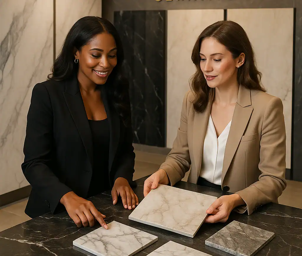 Ditco Ceramica Trade Program with two women in business suits looking at a marble counter.